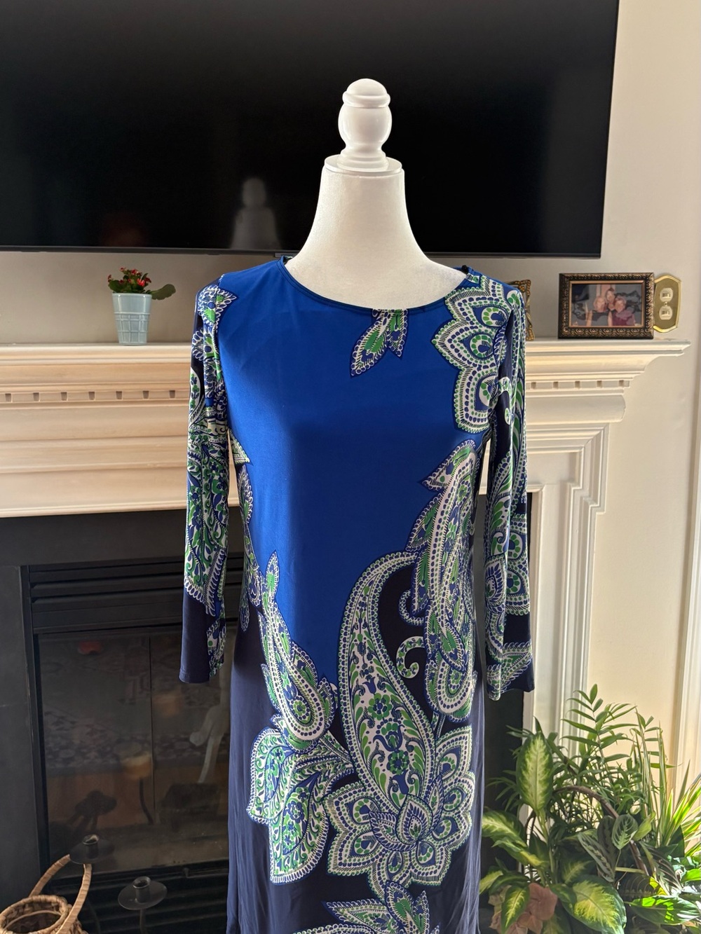 Blue Paisley-Print Long Sleeve Dress with Green Accents